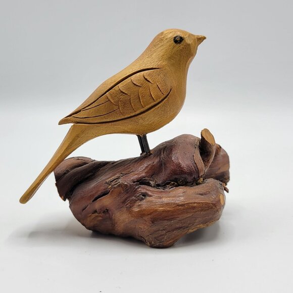 Vintage Hand Carved Wooden Wood Bird Sculpture Figure On Driftwood Stand - Picture 1 of 9